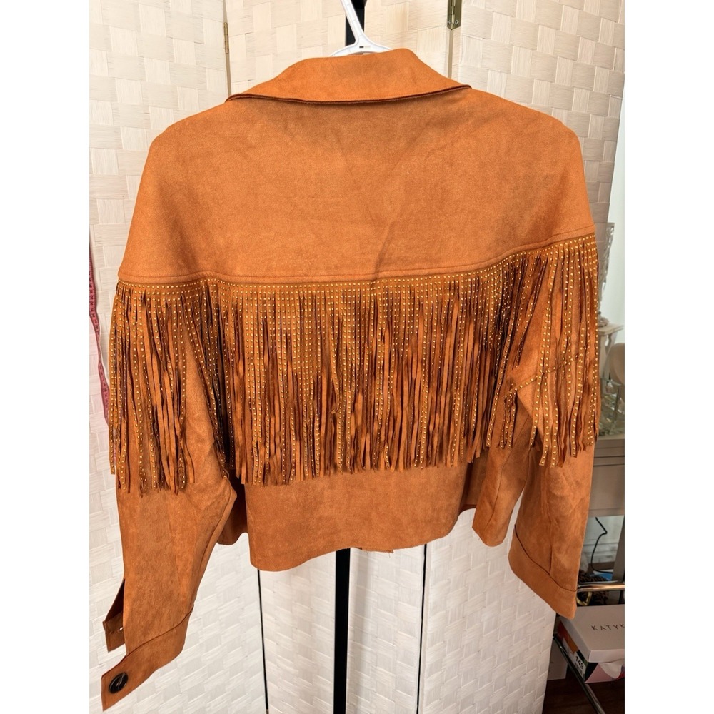 Melrose With Love Orange Rust Faux Suede Studded Fringe Jacket Western Festival - Picture 3 of 5